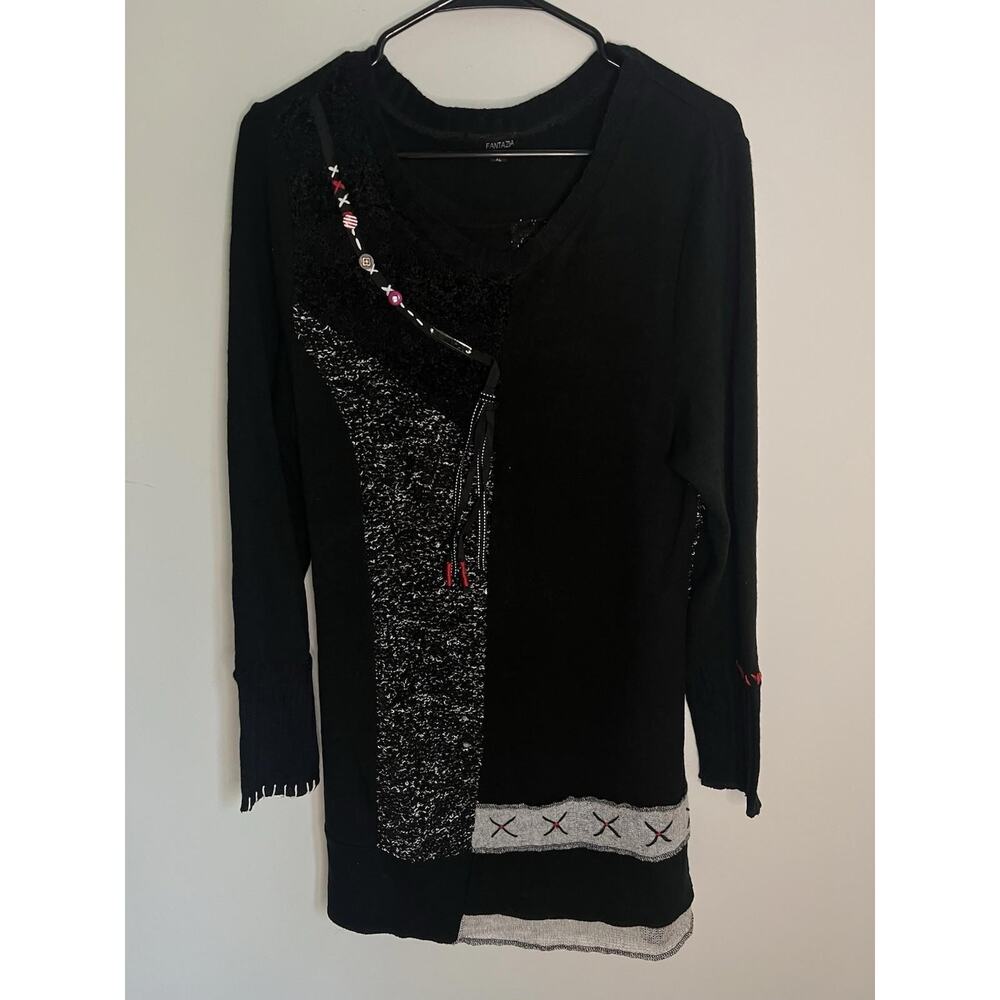 Fantazia Women's XL Sweater‎ Black Fuzzy Crafty Artsy Eccentric Long Sleeve